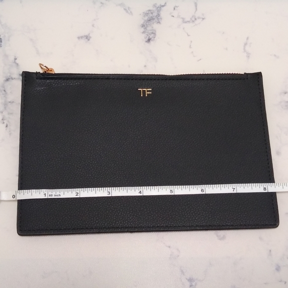 New Tom Ford Pebbled Faux Leather Black Flat Clutch Pouch Gold Trim Zipper
